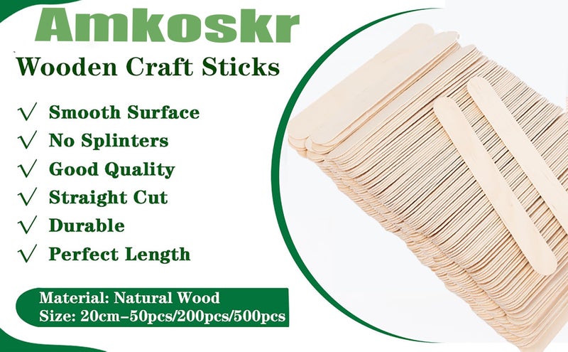 Amkoskr 8 Inch Craft Sticks, 200 Pieces Wooden Large Tongue Depressor Sticks Jumbo Popsicle Sticks for Crafts, Multi-Functional Wooden Sticks for Ice Cream, DIY, Waxing Sticks, Building Projects - Image 2